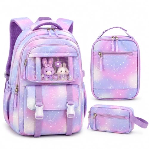 BTOOP Multi-Compartment Kids Backpack for Girls, 3PCS Cute Purple Bow School Backpack with Lunch Bag Pencil Case, Side Pocket Fits 40 oz Tumbler, Girls Bookbag for Elementary Middle School - color: Purple