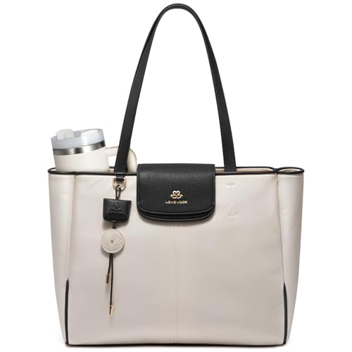 LOVEVOOK Laptop Tote Bag for Women,Nylon Work Totes with 15.6 Inch Laptop Compartments, Lightweight Fashion Purse with Large Cup Holder,Travel Tote with Luggage Straps - color: Black-white, size: 15.6 Inch