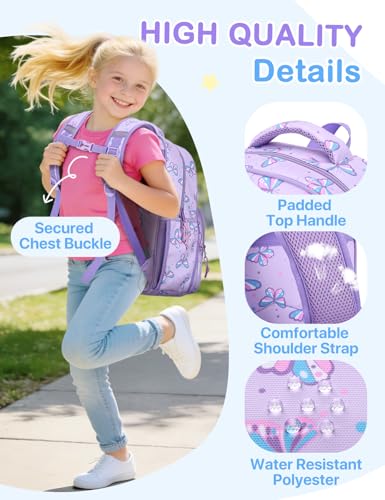 VASCHY Kids Backpacks, 12L Toddler & 17.5L School Backpacks, Lightweight Water-Resistant for Boys and Girls Ages 3-12 - color: Purple Flutter-l, size: Large