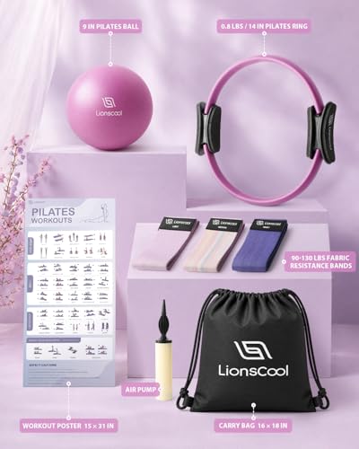 LIONSCOOL Pilates Ring Set – 14" Anti-Deformation Magic Circle with Padded Handles, Mini Ball, Resistance Bands, Guide & Bag - color: Pilates Ring Set - Lilac Frost