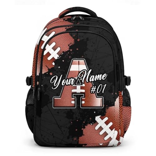 COZYAURA Boys Backpack Personalized Football School Bag for Kids - Custom Initial Sports Bookbag, 17 Inch Large Capacity Daypack for School, Travel, Football Lovers - color: Brown