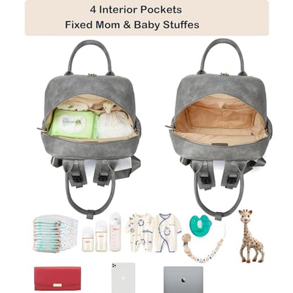 Leather Diaper Bag Backpack for Women with Multiple Pockets,Laptop Compartment and Changing Pad. - color: Grey