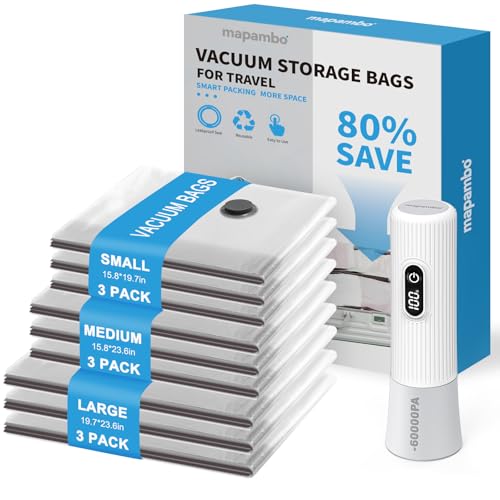 Mapambo Vacuum Seal Bags for Clothing Travel with -60000Pa LED Pump, 9 Pack Travel Cordless Vacuums Bag Set with Pump in 3 Combo Sizes. Vacuums Storage Bags for Clothes (9 Combo) - size: 9 Combo