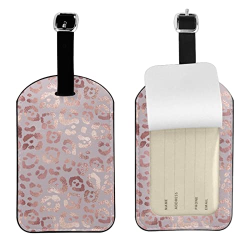 Rose Gold Leopard Leather Luggage Tags for Travel Baggage Bag Name Id Labels with Privacy Cover for Suitcase 2 Pack - color: Rose Gold Leopard