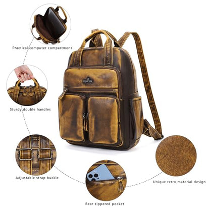 Angel Kiss Backpack Purse for Women Soft Washed Leather Multi Pocket Casual Travel Backpacks… - color: Brown
