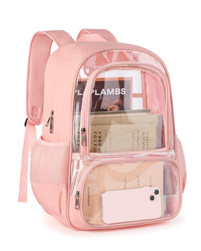 KIMNERPU Clear Backpack, Fabric & PVC Transparent Backpack with Reinforced Strap for Women Men, Heavy Duty Transparent Bookbag, Large Capacity Clear bag, Travel, Security, Pink - color: Pink, size: Large