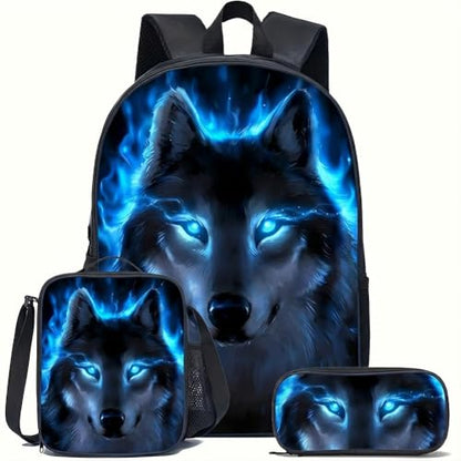 3-Pieces Backpack Set, Themed Backpack for Wolf – Multifunctional Large Capacity Daypack with Lunch Bag & Case for Daily Life - style: Wolf