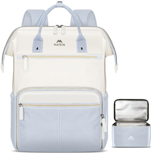 MATEIN Insulated Lunch Backpack, 17.3 Inch Laptop Backpack with Lunch Compartment, Teacher Work Bag with Lunchbox Meal Prep Bag Nurse Backpacks Gifts for Men Women Office College Commute, 2pcs Set - color: Light Blue, size: 17.3 Inch