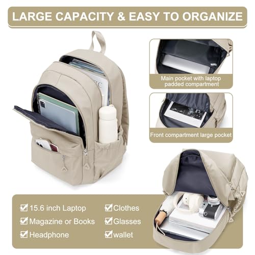 Casual Laptop Backpack for Women Men College Bookbag Waterproof Lightweight School Bag 15.6inch Laptop Daypack Large Capacity School Backpack for Teens Boys Girls (khaki) - color: Khaki