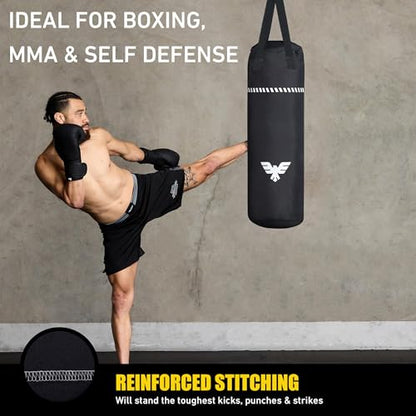 Elite Sports Boxing Bag 4 FT – Heavy Duty Canvas Punching Bag with Straps for Boxing, Training, MMA, Muay Thai, Kickboxing, Martial Arts & Fitness – UNFILLED Heavy Bag - color: Black