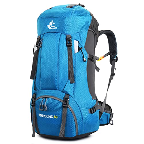 Bseash 60L Waterproof Hiking Camping Backpack with Rain Cover, Large Outdoor Sport Travel Daypack Rucksack for Climbing - color: Light Blue