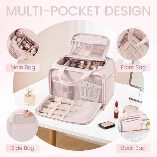 Cute Puffy Toiletry Bag for Women,Large Makeup Bag,Travel Cosmetic Bag with Adjustable Dividers & Trolley Sleeve,Toiletries Organizer,Light Pink - color: Pink