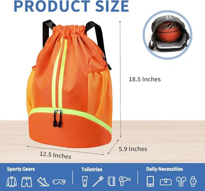 Drawstring Backpack Gym Bag with Shoe Compartment - Ideal for Basketball, Swimming, Beach Activities, Unisex - color: Orange