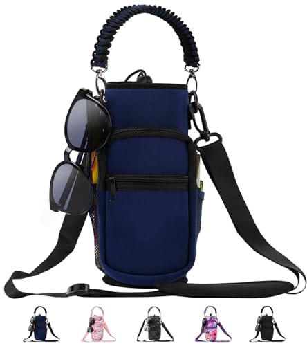 AceTreker 32/40/64/87/128 oz Water Bottle Carrier Bag, Neoprene Water Bottle Sleeve with 4 Pocket, Sport Water Holder with Paracord Handle and Shoulder Strap for Walking Hiking Camping Gym - color: 03.Navy, style: 16-40 Oz