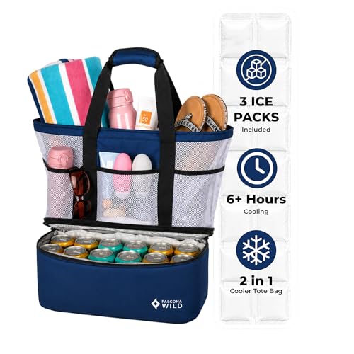 Beach Bag with Cooler Compartment Plus 3 Ice Packs – Keeps Drinks Cold for 6+ Hours – Insulated Beach Tote and Cooler Combo – Stay Organized with Two Bags in One- Perfect for Poolside and Picnics - color: Blue and White