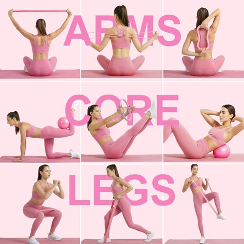 Home Pilates Ring and Ball Set for Women with 5 Resistance Bands 13 inch Magic Circle Workout Starter Kit for Beginners Full Body Toning 15 Min Daily Routine - color: Pink Mix