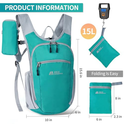 Hiking Backpack 10L/15L Small Daypack Lightweight Packable Travel Foldable Water Resistan for Women Men (Lake Green, 15L) - color: Lake Green, size: 15L