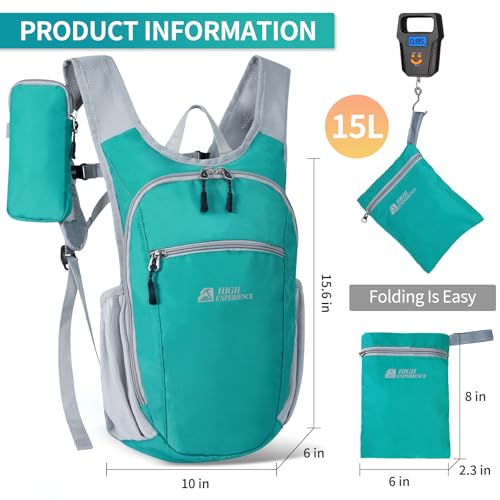 Hiking Backpack 10L/15L Small Daypack Lightweight Packable Travel Foldable Water Resistan for Women Men (Lake Green, 15L) - color: Lake Green, size: 15L