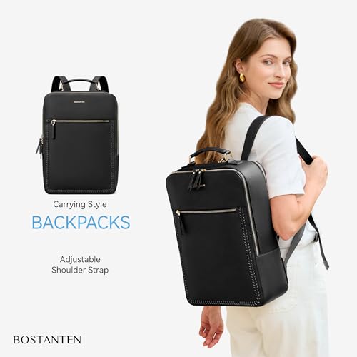 BOSTANTEN Leather Backpack 15.6 inch Laptop Bag Travel Casual Computer Backpack College Business Work Shoulder Bags with Trolley Sleeve for Women Men Black - color: Black