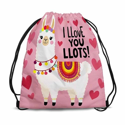 Drawstring Backpack Bag Sports Gym Sack Cute Alpaca Lettering I Llove Llots Pink Heart Background Shoe Bag for Women Men 14x16.9 Inch - color: Cute Alpaca