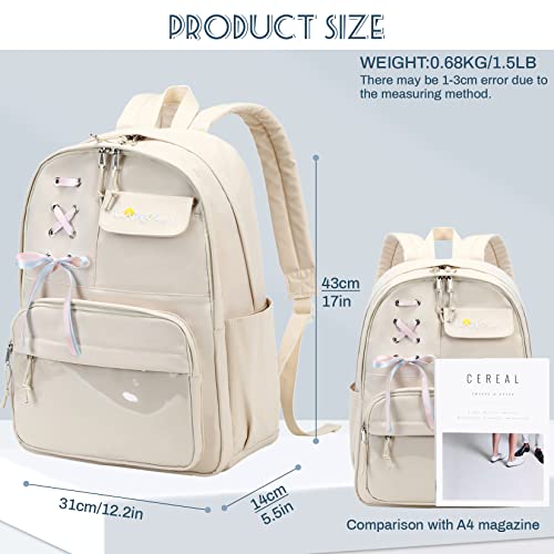 Lanola Teen Girl School Backpack Casual Daypack Bookbag Elementary College Travel Backpack with Cute Ribbon for Girls - color: Beige