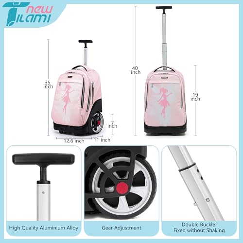 NEW TILAMI 19 Inch Rolling Backpack with Lunch Bag for Girls Boys Wheeled Laptop Backpack Durable Carry-on Bag School Travel, Flower Fairy - color: Pink Flower Fairy