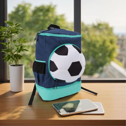 Soccer Backpack, Ball Compartment, Shoe Compartment, Fits Soccer Ball, Promotes Air Circulation and Comfort - color: Green with Blue, size: Children Size (Fits Size 4 Ball)
