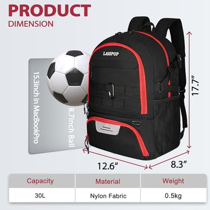 LARIPOP Soccer Backpack with Ball Holder & Shoe Compartment Large Capacity Sports Bag for Training - color: Red