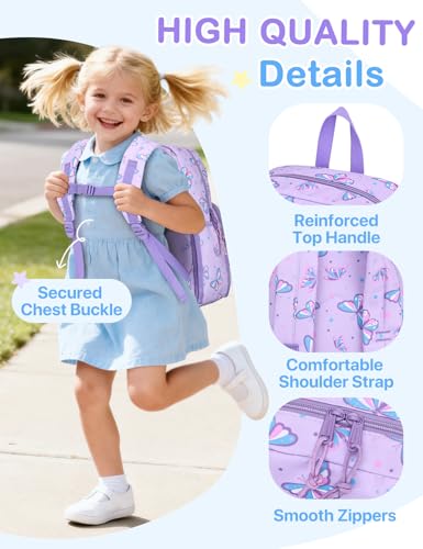 VASCHY Kids Backpacks, 12L Toddler & 17.5L School Backpacks, Lightweight Water-Resistant for Boys and Girls Ages 3-12 - color: Purple Flutter-s, size: Small