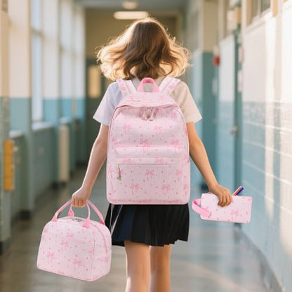 Bluboon School Backpack Set Girls Womens Laptop Bookbag Casual Daypack Fits 15 inch Laptop with Lunch Tote Bag and Pencil Bag - color: Pink Bow 219