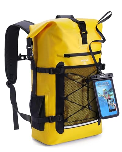 ECOHUB Waterproof Backpack for Women Men, 30L Roll-Top Closure Heavy Duty Dry Bag for Travel with IPX8 Waterproof Phone Case - color: Yellow
