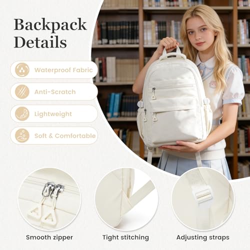 Backpack for College Students Women Men, Aesthetic Backpacks for Middle School, Waterproof Bookbag, Lightweight High School Backpack for Teens Boys Girls(Beige) - color: Beige