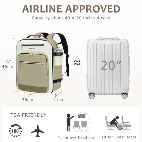 EMPSIGN 40L Travel Backpack for Women & Men, Airline Approved Carry On Backpack, TSA Personal Item Bag Waterproof, Overnight Weekender Essentials Backpacks for Business fits 17" Laptop, Khaki - color: Beige/Khaki/Light Brown