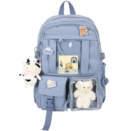 Kawaii Backpack with Cute Bear Plush Kawaii Pin Accessories Large Capacity Aesthetic School Bags Cute Bookbag for Girls Teen Blue - color: Blue