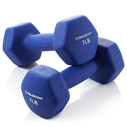 Philosophy Gym Set of 2 Neoprene Dumbbell Hand Weights, Hexagon Shape - style: Navy 7 lb Pair