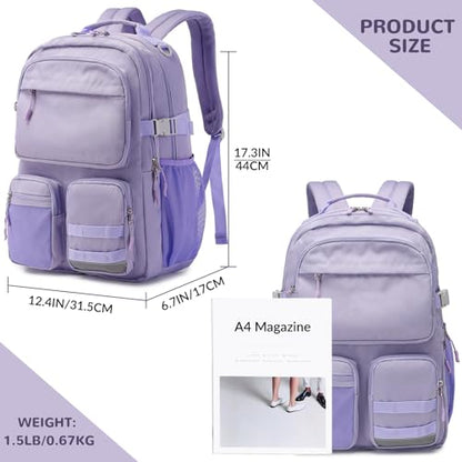 Big Student Backpack for Teen Girls, Water Resistant Multi Pockets Daypack with 15.6 Inch Laptop pocket for Travel School College (Purple) - color: Purple