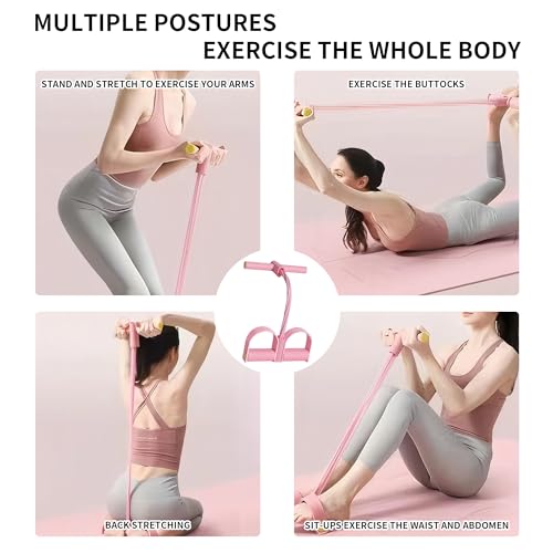 Multifunction Tension Rope - 6-Tube Elastic Pedal Resistance Band with Handle for Abdomen/Waist/Arm/Leg Stretching Slimming Training - color: PINK