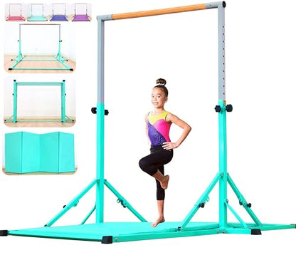 Marfula Gymnastic Bar For Kid and Teenage of 3-25, 5Ft/8 FT Base Length 4Ft Width 5Ft Adjust Height, Gymnastic Kip Bar For Gymnast, Gymnastic Training Equipment For Professional Training Home Club Use - color: Teal (Bar with Mat - 8Ft Base)