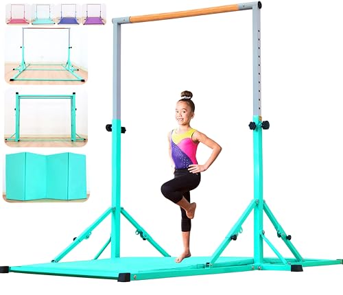 Marfula Gymnastic Bar For Kid and Teenage of 3-25, 5Ft/8 FT Base Length 4Ft Width 5Ft Adjust Height, Gymnastic Kip Bar For Gymnast, Gymnastic Training Equipment For Professional Training Home Club Use - color: Teal (Bar with Mat - 8Ft Base)