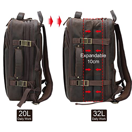 Masa Kawa Leather 15.6 Inch Laptop Backpack for Men Expandable 36L Business Travel Rucksack Daypack Weekender Bag - color: Brown