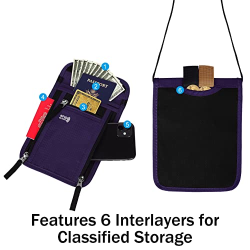 Travel Pouch Neck Wallet Family Passport Holder Organizer Case with RFID Blocking | Family Passport Holder - color: Purple