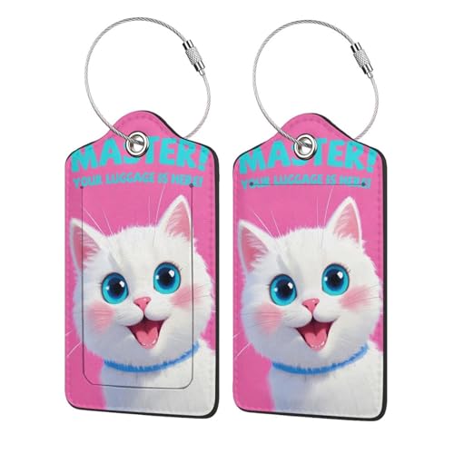 Luggage Tags for Suitcases Cute PU Leather Cat Luggage Tags Travel Name Tags Baggage Tags for Cruise Ships Airport Travel Essentials 2 Pack - color: Pink Cat