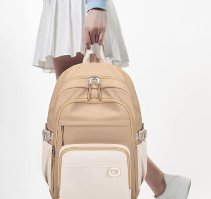 JIANYA Laptop Backpack for College Women Travel Backpack Big Student School Bag, Water Resistant Fits 15.6" Notebook - color: Khaki+beige