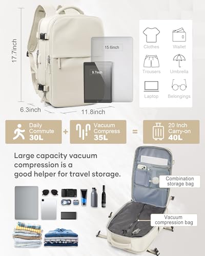 suwasp Vacuum Compression Backpack, 45L Expandable Travel Backpack with Electric Vacpack Pump, Travel Vacuum Bags with Shoe Compartment/17inch Laptop Compartment/USB Port, Beige - color: Beige, size: Medium