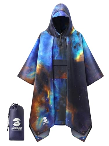 SaphiRose Extra Thick Hooded Rain Poncho Double Layer Waterproof Raincoat Jacket for Men Women Adults - color: Universe Galaxy