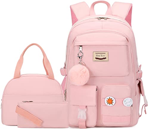Hey Yoo School Backpack for Girls Backpack with Lunch Box Teen Girl Backpack Set Cute School Bag Bookbag for Teen Girls(Pink) - color: Pink