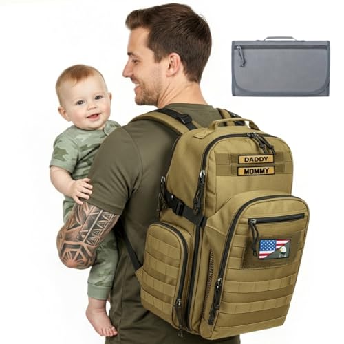 MIRACOL Military Diaper Bag for Dad - Tactical Style Baby Backpack with MOLLE & Changing Pad - 14 Compartments Rugged Design for Outdoor Travel Camping Tan - color: Khaki W/ Changing Mat