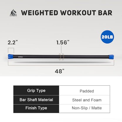 LIONSCOOL Workout Weighted Bar,Padded Exercise Weight Bar, Solid Steel Stretching weighted bar set for Body Sculpting, Physical Therapy,Body Toning - size: 20LB