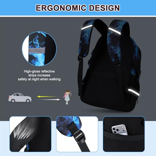 3PCS School Backpack for Boys, Cool Gamer Boys Backpack with Lunch Box and Pencil Case for Kids Kindergarten Teens Elementary Middle School Bag with Convenient Charging Port,Gaming Bookbag Waterproof - color: Blue Flame