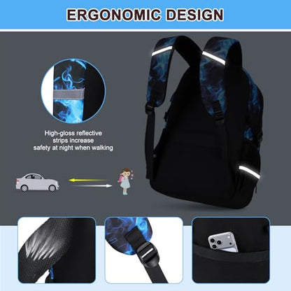 3PCS School Backpack for Boys, Cool Gamer Boys Backpack with Lunch Box and Pencil Case for Kids Kindergarten Teens Elementary Middle School Bag with Convenient Charging Port,Gaming Bookbag Waterproof - color: Blue Flame